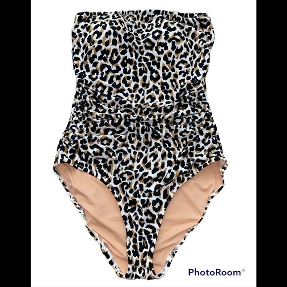 J. Crew Factory Leopard Print Strapless One Piece Mob Wife Swimsuit - Small - Picture 4 of 9